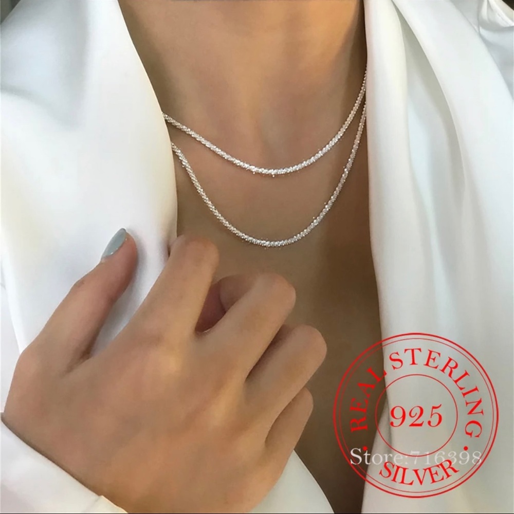 Italian 925 Sterling Silver Sparkling Chain Shiny Choker Exquisite Necklace